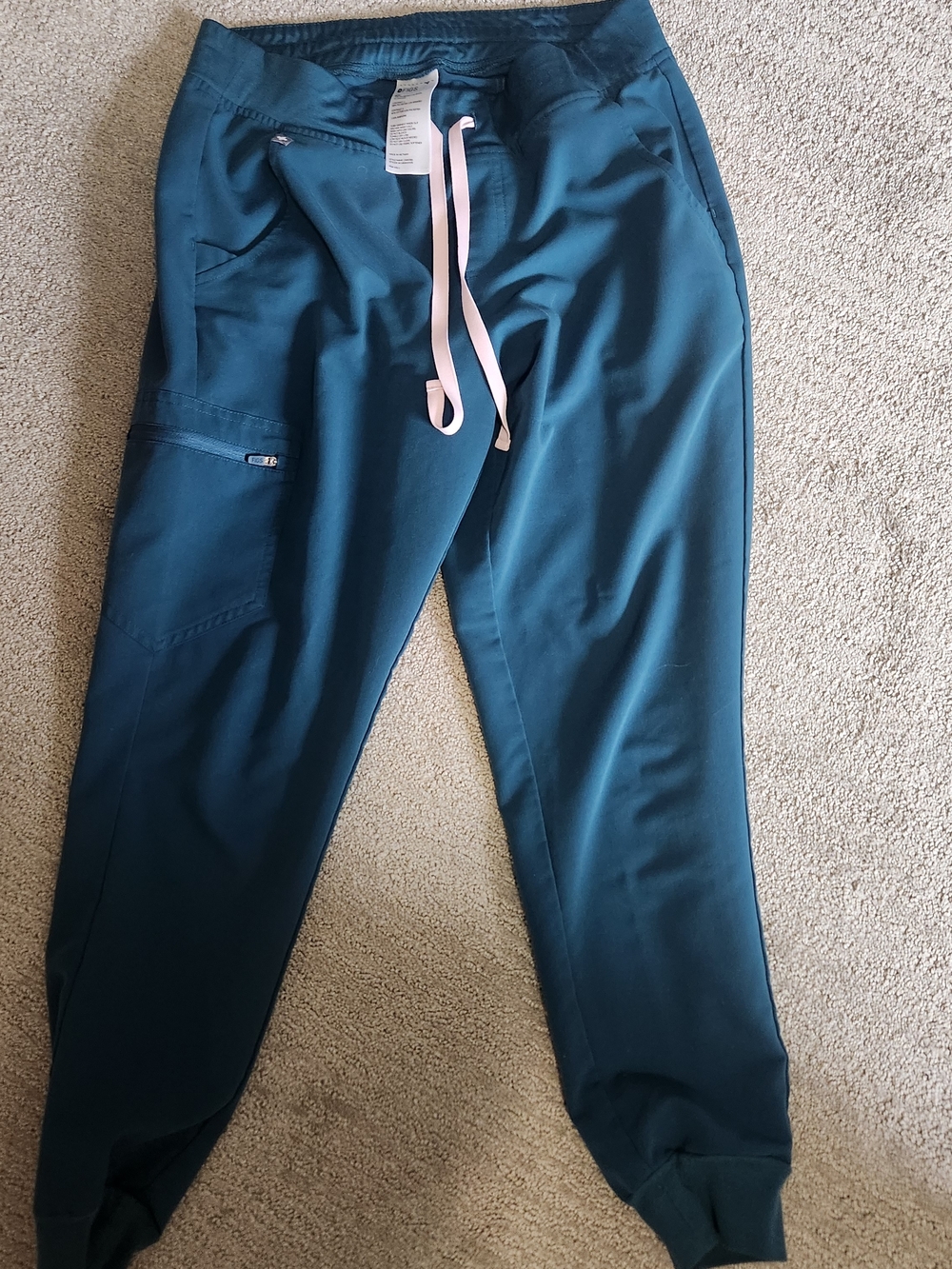FIGS Teal Scrub Joggers with Light Pink Drawcord